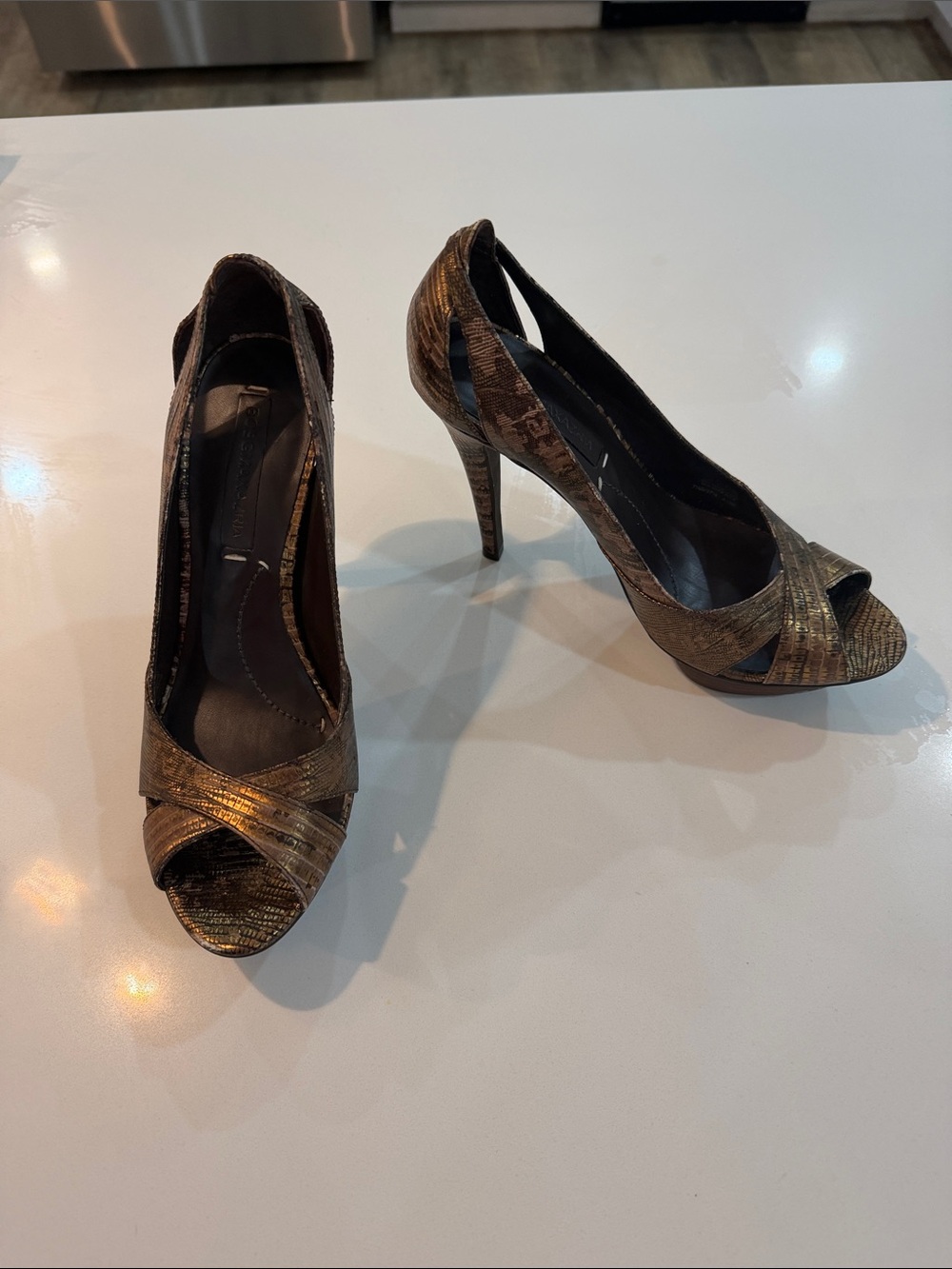 BCBGMaxAzria Metallic Bronze Peep-Toe Stiletto 👠 🆕